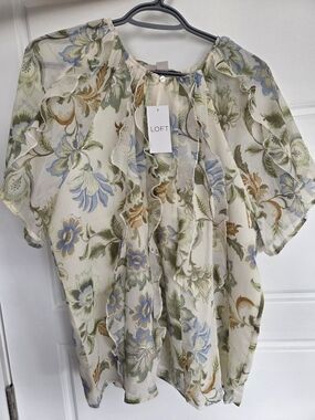 LOFT NWT Cream Floral Ruffle Blouse with Blue and Green Accents
